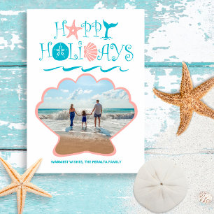 Cartes Pour Fêtes Annuelles Joyeux littoral   Beach Seashell Photo de Noël