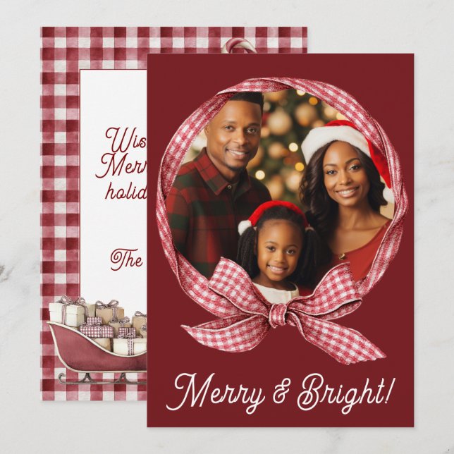 Cartes Pour Fêtes Annuelles Joyeux & Lumineux Gingham Rouge Photo Fête de Noël (Devant / Derrière)