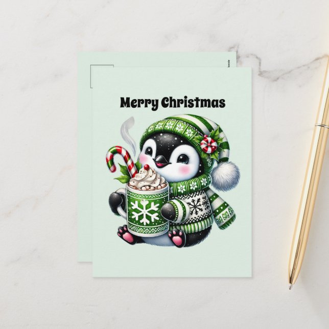 Cartes Pour Fêtes Annuelles Joyeux manchot de Noël personnalisable (Devant/Arrière en situation)