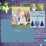 Cartes Pour Fêtes Annuelles Joyeux Marine Arbre Interconfessionnel Menorah Cut<br><div class="desc">Les modèles photo font de la conception de vos 3 cartes de fin de année de collage photo un coup avec ce script élégant moderne Joyeux Happy Tout design en bleu marine et pastel. Ajoutez votre grande photo préférée à gauche de ces cartes personnalisées, puis ajoutez deux petites photos en...</div>