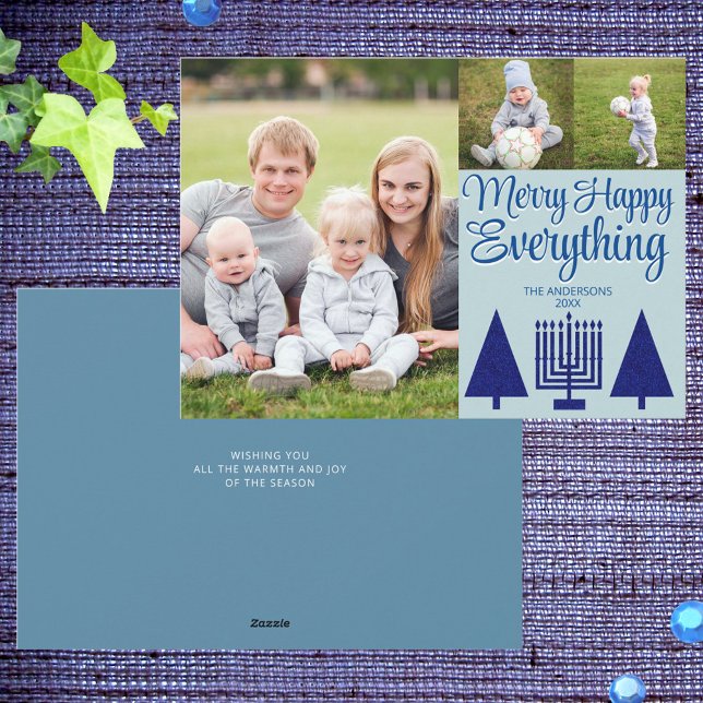 Cartes Pour Fêtes Annuelles Joyeux Marine Arbre Interconfessionnel Menorah Cut (Add your photos to these cute Merry Happy Everything holiday cards)