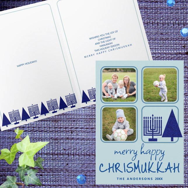 Cartes Pour Fêtes Annuelles Joyeux Marine Interconfessionnelle Mignonne Écritu (Folded interfaith holiday cards with your photos and custom text are easy to personalize)