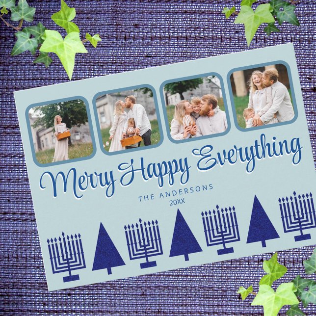 Cartes Pour Fêtes Annuelles Joyeux Marine Menorah interconfessionnelle Arbre m (Blue Christmas trees and Hanukkah menorahs let interfaith families send holiday greetings to all)