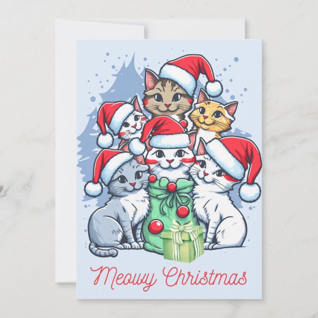 Cartes Pour Fêtes Annuelles Joyeux Meowy Noël Père Noël Chats avec présents (Devant)