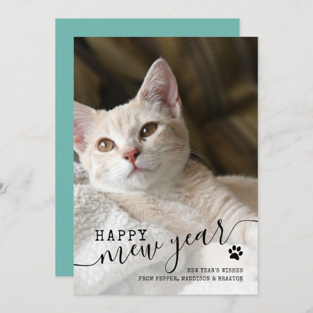 Cartes Pour Fêtes Annuelles Joyeux Mew Year Chat Photo Animal de compagnie Rou (Devant / Derrière)