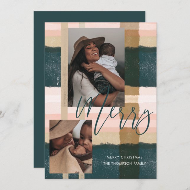 Cartes Pour Fêtes Annuelles Joyeux moderne vert & rose Plaid Plaid Deux Photo (Devant / Derrière)
