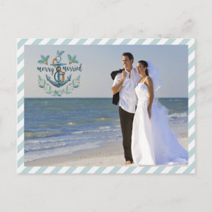 Cartes Pour Fêtes Annuelles Joyeux Nautique & Marié, Turquoise Stripes, Deux p