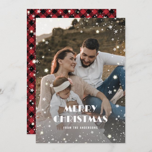 Cartes Pour Fêtes Annuelles Joyeux neige Noël Buffalo rouge Plaid Photo (Devant / Derrière)