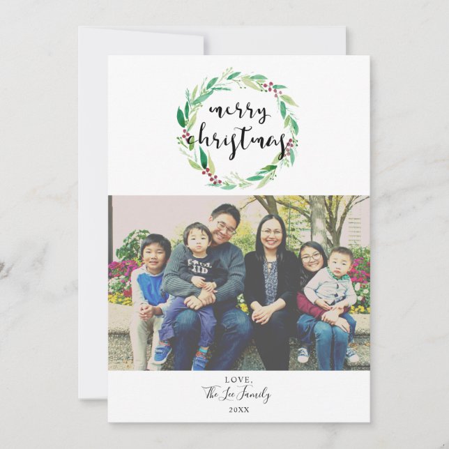 Cartes Pour Fêtes Annuelles Joyeux Noël 1 Photo Aquarelle Wreath Chic (Devant)