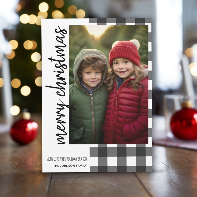 Cartes Pour Fêtes Annuelles Joyeux Noël 1 Photo Blanc noir Buffalo plaqué (Buffalo Plaid in white and black with 1 photo - online christmas card)