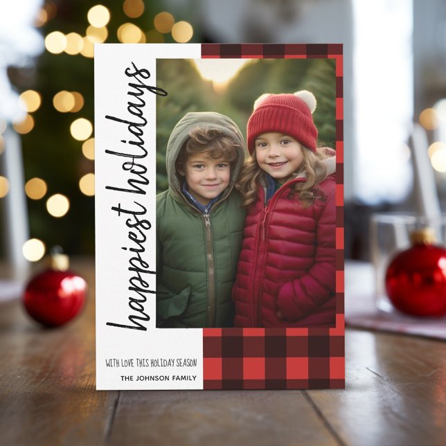 Cartes Pour Fêtes Annuelles Joyeux Noël 1 Photo Rouge Black Buffalo Plaid (Buffalo Plaid, 1 Photo, Christmas Card, Download Option)