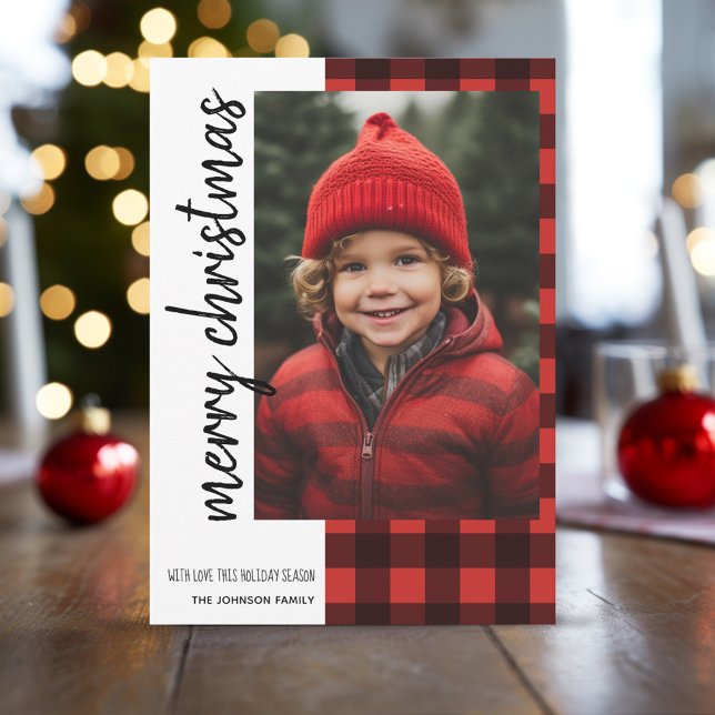 Cartes Pour Fêtes Annuelles Joyeux Noël 1 Photo Rouge noir Buffalo plaqué (Buffalo Plaid Pattern Christmas Card with One Photo)