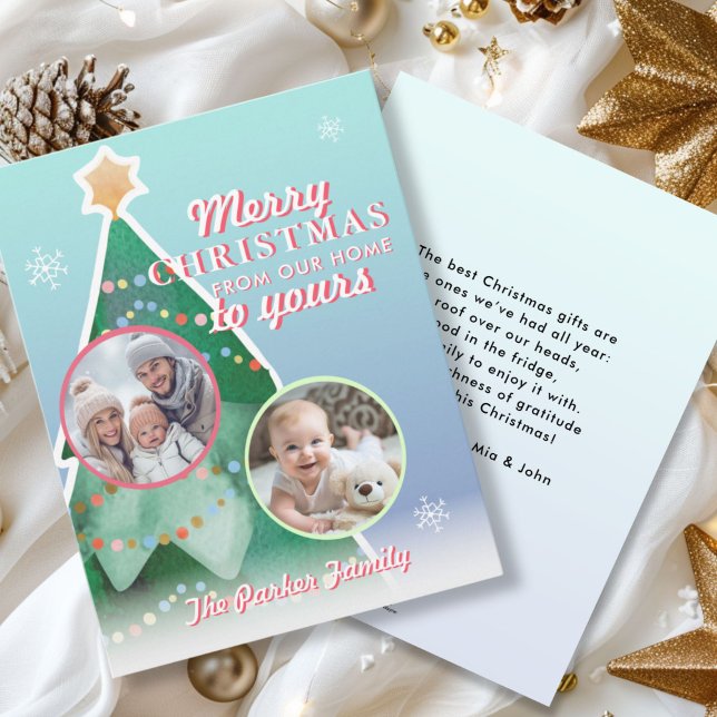 Cartes Pour Fêtes Annuelles Joyeux Noël! 2 Photo, Arbre de Noël (Merry Christmas! 2 Photo, Blue-Green-Red, Colorful Holiday Card, For Lovely Christmas Vibes. )