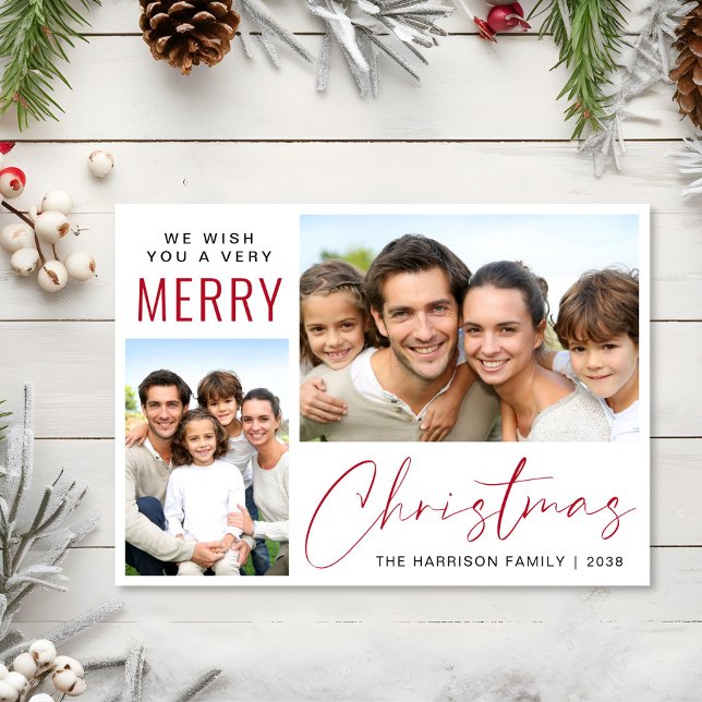 Cartes Pour Fêtes Annuelles Joyeux Noël 2 Photo Rouge Script (This holiday season, let your family's smiles and heartwarming memories shine on our 2 photo card)