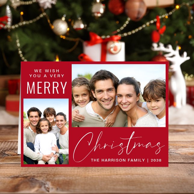 Cartes Pour Fêtes Annuelles Joyeux Noël 2 Script photo Rouge (This holiday season, let your family's smiles and heartwarming memories shine on our 2 photo card)