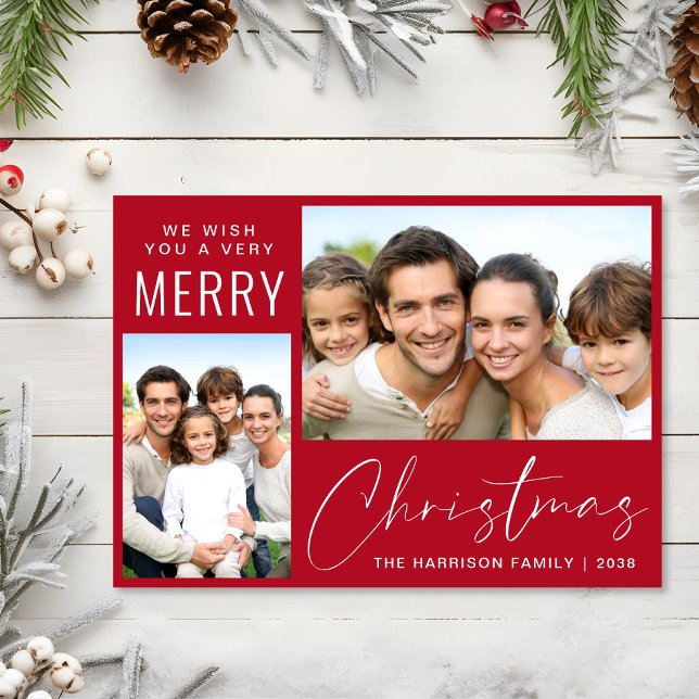 Cartes Pour Fêtes Annuelles Joyeux Noël 2 Script photo Rouge (This holiday season, let your family's smiles and heartwarming memories shine on our 2 photo card)