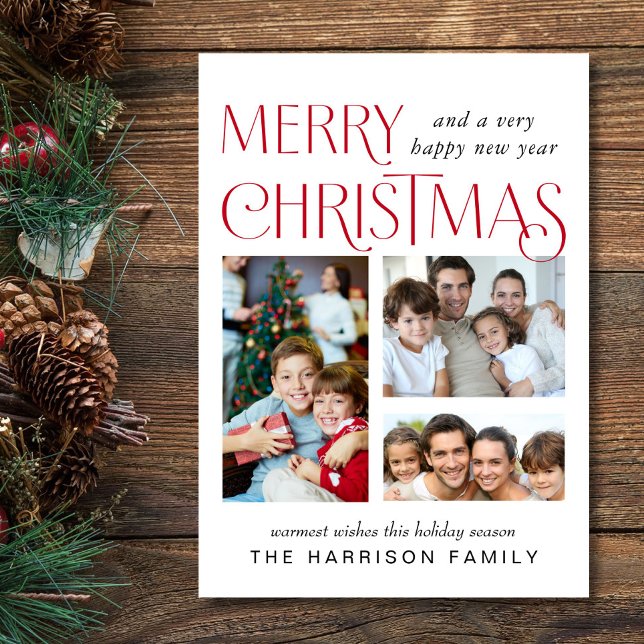 Cartes Pour Fêtes Annuelles Joyeux Noël 3 Photo (This holiday season, let your family's smiles and heartwarming memories shine on our 3 photo card)