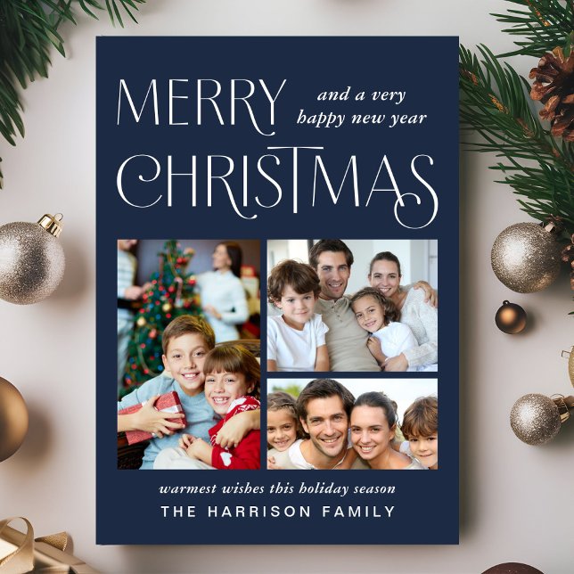 Cartes Pour Fêtes Annuelles Joyeux Noël 3 Photo Bleu (This holiday season, let your family's smiles and heartwarming memories shine on our 3 photo card)