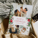 Cartes Pour Fêtes Annuelles Joyeux Noël 3 Photo Botanical Green<br><div class="desc">Cette collection présente des fleurs rouges aquarelles,  des baies et de la verdure hivernale avec une typographie moderne et élégante,  avec un motif botanique d'hiver.</div>