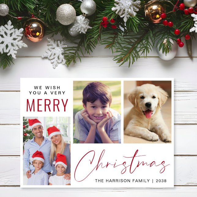 Cartes Pour Fêtes Annuelles Joyeux Noël 3 Photo Rouge Script (This holiday season, let your family's smiles and heartwarming memories shine on our 3 photo card)