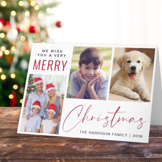 Cartes Pour Fêtes Annuelles Joyeux Noël 3 Photo Rouge Script (This holiday season, let your family's smiles and heartwarming memories shine on our 3 photo card)