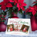 Cartes Pour Fêtes Annuelles Joyeux Noël 3 Photo Rouge Vert<br><div class="desc">Ayez un très joyeux Noël 3 carte photo avec une belle calligraphie en rouge et vert. Cette carte pliée de trois photos de famille de vacances moderne comprend un script magnifique et votre nom sous le collage photo carré festif.</div>