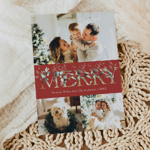 Cartes Pour Fêtes Annuelles Joyeux Noël 3 photos or végétation rouge