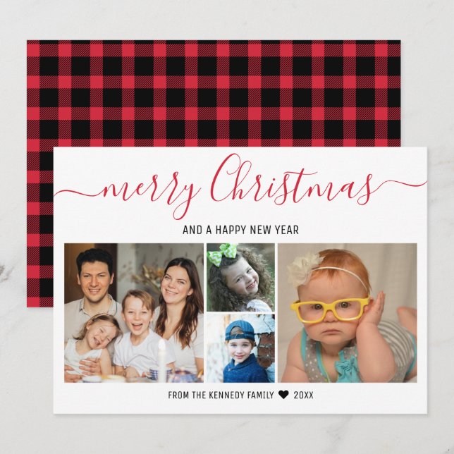 Cartes Pour Fêtes Annuelles Joyeux Noël 4 Photo Collage Red Buffalo Plaid (Devant / Derrière)