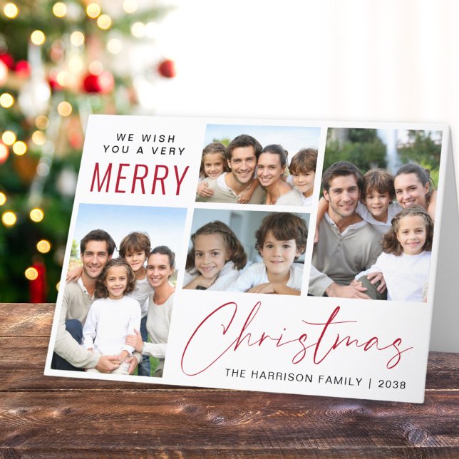 Cartes Pour Fêtes Annuelles Joyeux Noël 4 Photo Rouge Script (This holiday season, let your family's smiles and heartwarming memories shine on our 4 photo card)