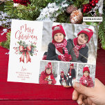 Cartes Pour Fêtes Annuelles Joyeux Noël 4 Photos Script Holly Bow<br><div class="desc">Envoyez MERRY CHRISTMAS salutations cette saison de vacances avec une carte de voeux photo avec 4 images et une typographie de script de calligraphie moderne et chic pour le salut accentué avec un arc rouge aquarelle et saint. ASSISTANCE : Pour obtenir de l'aide sur la modification ou la personnalisation de...</div>