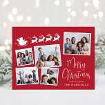 Cartes Pour Fêtes Annuelles Joyeux Noël 5 Photo Collage Père Noël Sleigh<br><div class="desc">Carte de vacances rouge festive avec un collage photo de 5 images éparpillées dans des cadres blancs, une silhouette blanche de rennes volant le traîneau à Père Noël, "Joyeux Noël" dans un script blanc élégant et votre nom dans une simple typographie blanche moderne. Au verso, customisez votre message ou laissez...</div>
