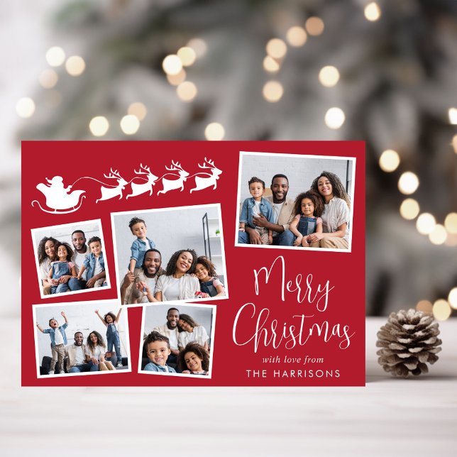 Cartes Pour Fêtes Annuelles Joyeux Noël 5 Photo Collage Père Noël Sleigh (Share the love and warmth of the holiday season with a personalized photo Christmas card)