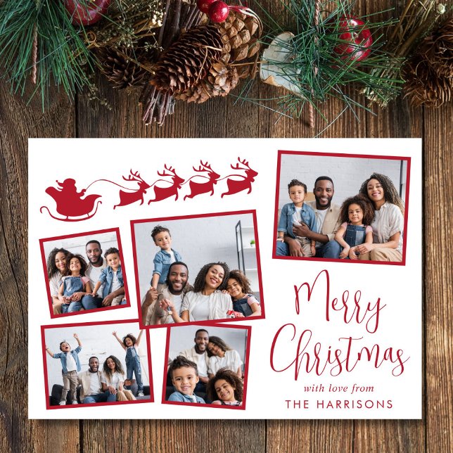 Cartes Pour Fêtes Annuelles Joyeux Noël 5 Photo Collage Père Noël Sleigh (Share the love and warmth of the holiday season with this personalized photo Christmas card)