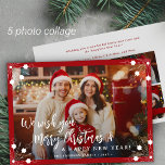 Cartes Pour Fêtes Annuelles Joyeux Noël 5 photo collage rouge<br><div class="desc">Simple minimaliste stylisé cinq photos de famille personnalisées "Joyeux Noël et une bonne année" (changeable) typographie texte superposer horizontale carte de vacances de Noël modèle avec un cadre rouge vif et des flocons de neige. Facile à personnaliser avec vos images, texte, signature de nom et souhaits des deux côtés !...</div>