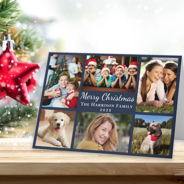 Cartes Pour Fêtes Annuelles Joyeux Noël 6 Photo Collage Bleu (This holiday season, let your family's smiles and heartwarming memories shine on our 6 photo card)