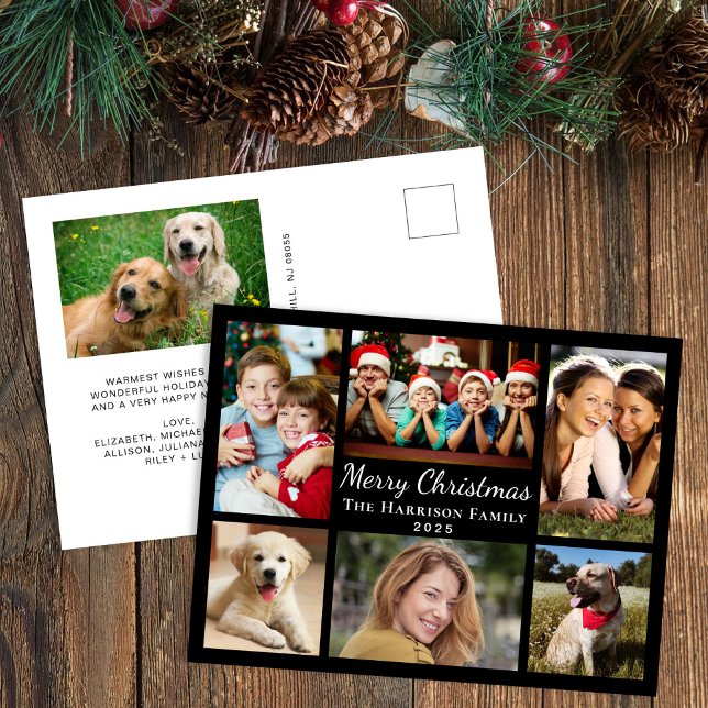 Cartes Pour Fêtes Annuelles Joyeux Noël 7 Photo Collage noir (Share the love and warmth of the season with your personalized photo Christmas postcard)