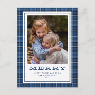Cartes Pour Fêtes Annuelles Joyeux Noël à carreaux bleus avec une seule photo