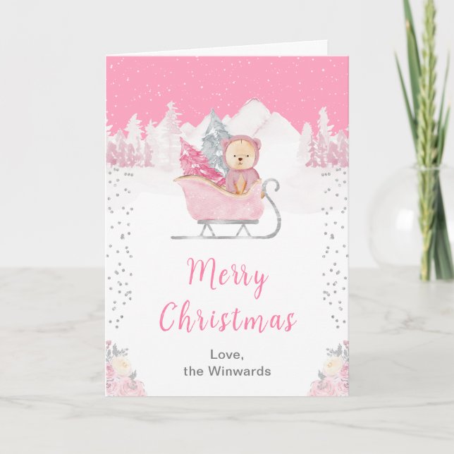 Cartes Pour Fêtes Annuelles Joyeux Noël à l'Ours rose (Devant)