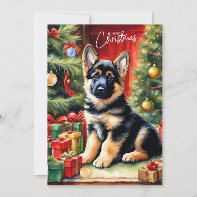 Cartes Pour Fêtes Annuelles Joyeux Noël Allemand Berger Chiot (Devant)