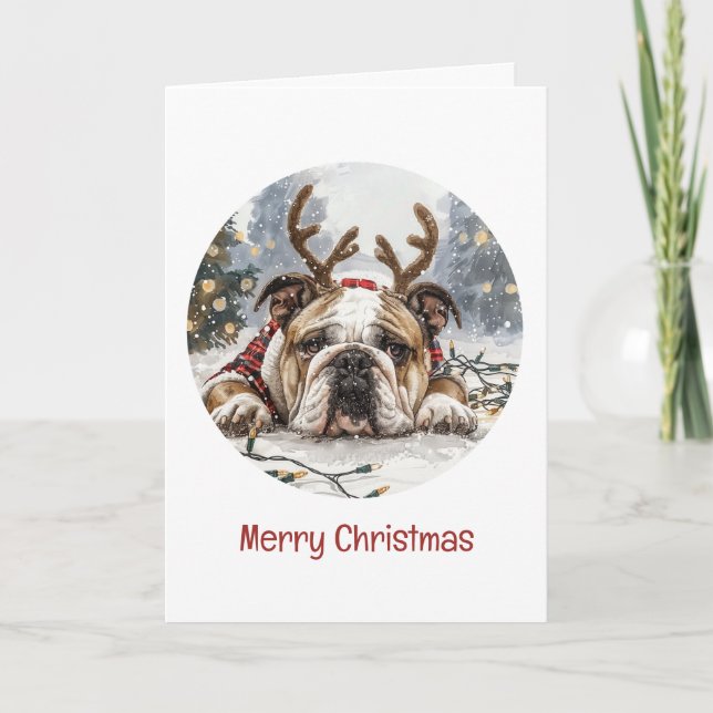 Cartes Pour Fêtes Annuelles Joyeux Noël anglais Bulldog Reindeer (Devant)