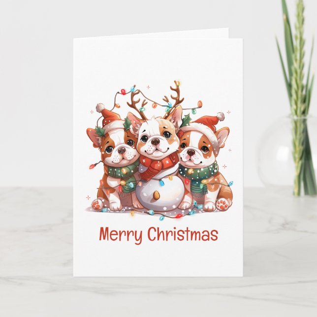 Cartes Pour Fêtes Annuelles Joyeux Noël anglais Bulldog Reindeer Père Noël (Devant)