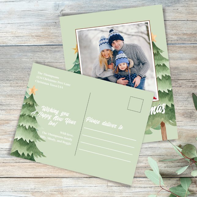 Cartes Pour Fêtes Annuelles Joyeux Noël Aquarelle Arbres de Noël (With return address, greeting, and "please deliver to" on the backside. )