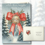 Cartes Pour Fêtes Annuelles Joyeux Noël Aquarelle bébé Jésus<br><div class="desc">Avec une belle aquarelle du bébé Jésus incrustée dans un cadre doré accentué d'un arc rouge sur une scène d'arbres à feuillage persistant enneigés.</div>