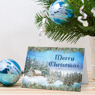 Cartes Pour Fêtes Annuelles Joyeux Noël Aquarelle Cabine neige à Woods