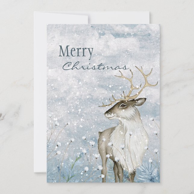 Cartes Pour Fêtes Annuelles Joyeux Noël Aquarelle Cerf Snow Scene Nom (Devant)