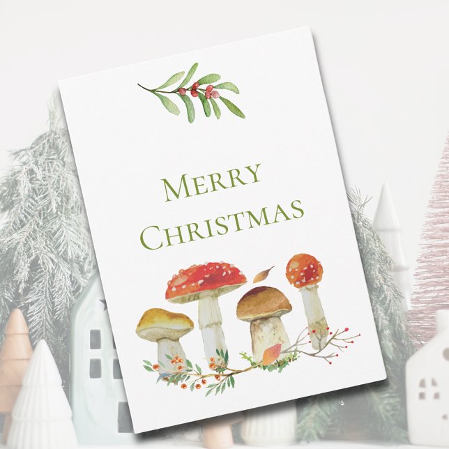 Cartes Pour Fêtes Annuelles Joyeux Noël Aquarelle Champignons non photo (Merry Christmas Watercolor Mushroom Non-Photo Christmas Card)