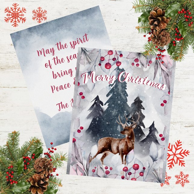 Cartes Pour Fêtes Annuelles Joyeux Noël aquarelle Deer Woods paysage de neige (Merry Christmas Watercolor Deer Woods Snow Scene Holiday Card)