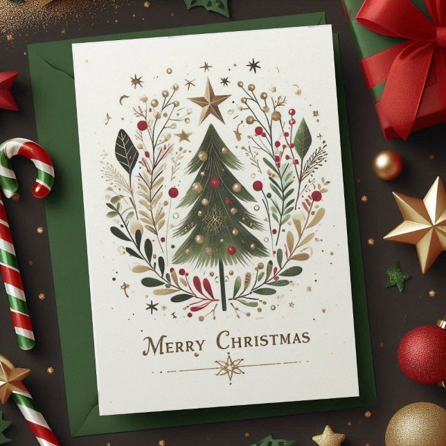 Cartes Pour Fêtes Annuelles Joyeux Noël aquarelle famille Arbre de Noël (Merry Christmas Watercolor Christmas Tree Family Holiday Card)