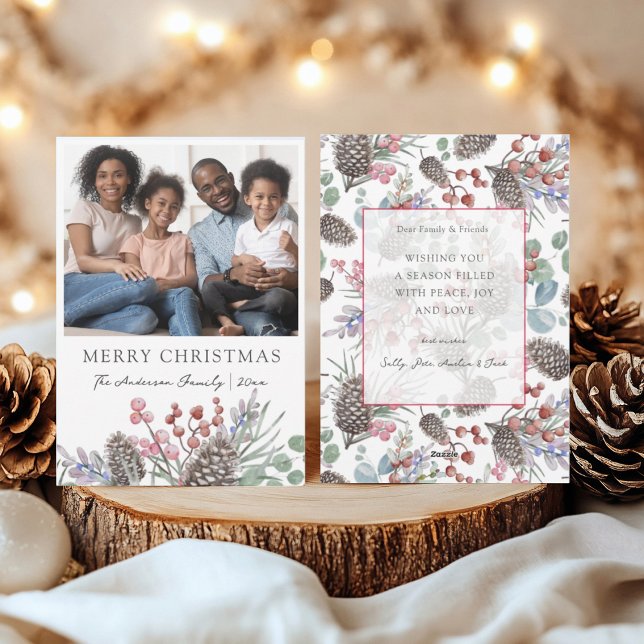 Cartes Pour Fêtes Annuelles Joyeux Noël aquarelle Feuillage & photo (Créateur téléchargé)