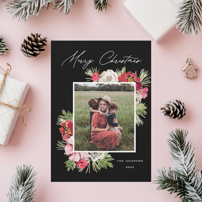 Cartes Pour Fêtes Annuelles Joyeux Noël Aquarelle Fleur Noir (Créateur téléchargé)